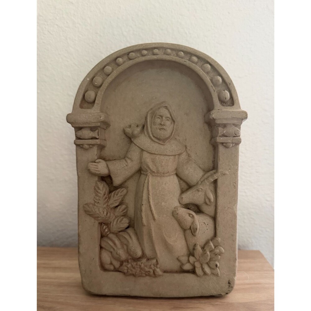 George Carruth 1985 St. Francis Hand Cast Cement Sculpture Plaque Animals Garden
